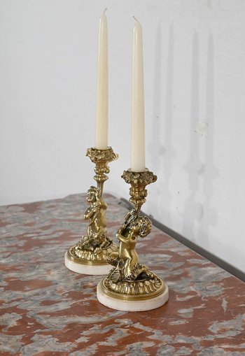Pair of gilded bronze candlesticks, Napoleon III period - Mid 19th century