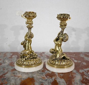 Pair of gilded bronze candlesticks, Napoleon III period - Mid 19th century