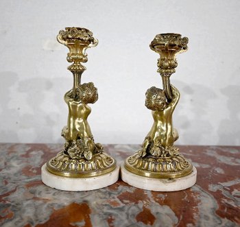 Pair of gilded bronze candlesticks, Napoleon III period - Mid 19th century