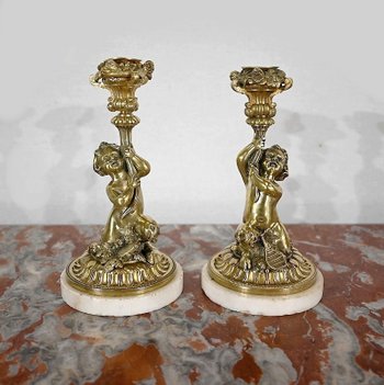 Pair of gilded bronze candlesticks, Napoleon III period - Mid 19th century
