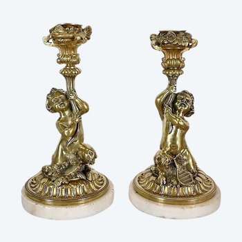 Pair of gilded bronze candlesticks, Napoleon III period - Mid 19th century