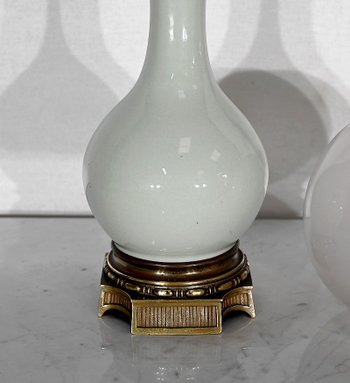 Paire de Lampes à Pétrole en Céladon et Bronze, époque Napoléon III – Milieu XIXe