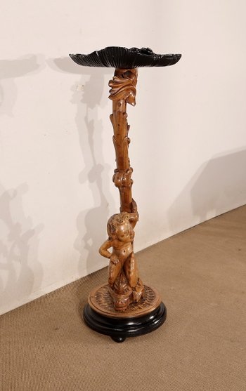 Sellette « Eros chevauchant un dauphin » en bois naturel et bois noirci, goût Napoléon III – 2ème moitié XIXe