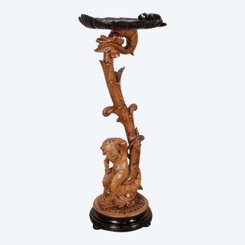 Pedestal " Eros riding a dolphin " in natural wood and blackened wood, Napoleon III taste - 2nd half of the 19th century