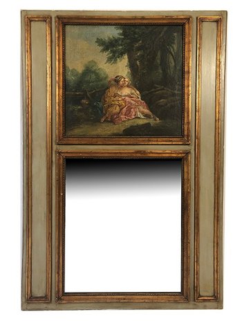 Grand trumeau en bois laqué vert, rechampi or de style Louis XVI. XIXe