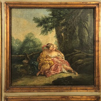 Grand trumeau en bois laqué vert, rechampi or de style Louis XVI. XIXe