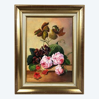 Fleurs et fruits, huile sur carton entoilé XXe