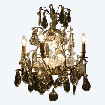 Lampadario in bronzo e pendenti in cristallo XIX secolo