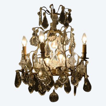 Lustre en bronze et pendentifs en cristal 19e siècle