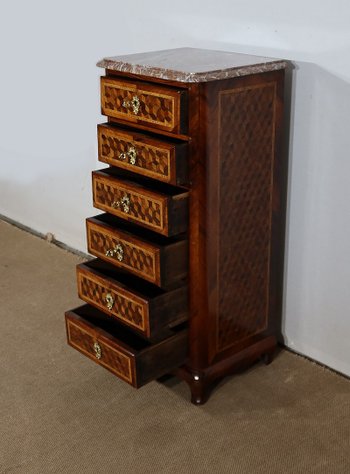 Petit Chiffonnier en Marqueterie de bois précieux, époque Napoléon III – Milieu XIXe