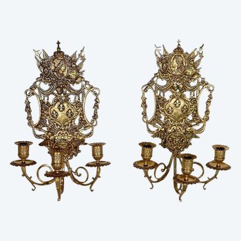 Important Pair of 3 branches gilt bronze wall lights, Napoleon III - Middle 19th century