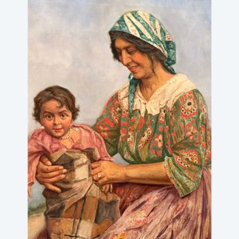 Francois Frans Rasquin, Olio su tela Zingara con bambino Firmato (1877 - 1952)