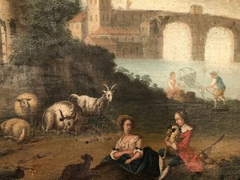Grande sovramantello in legno laccato grigio, olio su tela nella parte superiore. XIX secolo