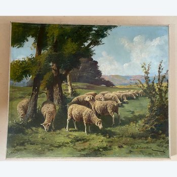 "Sheep in a meadow". Oil on canvas XIXth century. A. Brémontier. Barbizon.