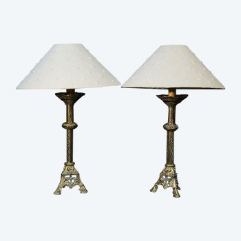 Coppia di lampade neogotiche in bronzo, XIX secolo
