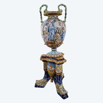 Ensemble Vase sur Sellette en Majolique, Italie – XIXe