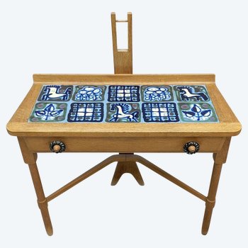 Guillerme Et Chambron 1940 Oak And Blue Ceramic Tile Dressing Table By Boleslaw Danik