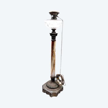 Grande Lampe à Pétrole De Salon En Bronze Et Opaline Restauration