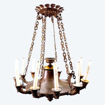 Grand Lustre En Tôle Et Bronze Doré d'époque Restauration 12 Lumières