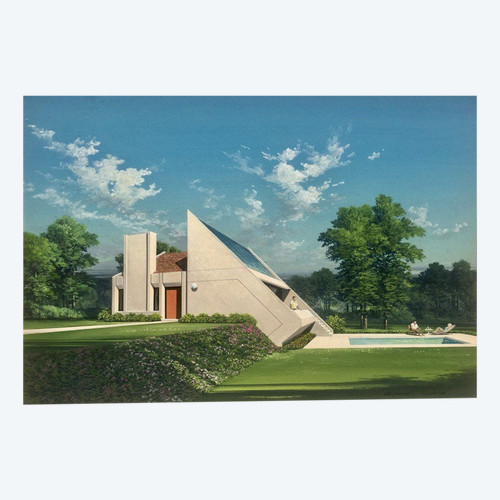 Guazzo di prospettiva architettonica su cartone firmato
