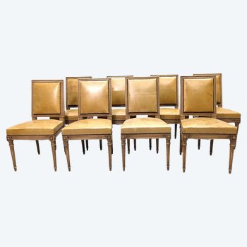 Série De 8 Chaises Laquées De Style Louis XVI Tapissées De Cuir Jaune