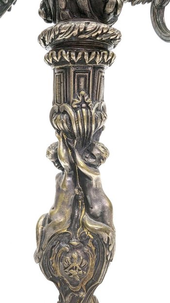 Pair Of Silver Bronze Candlesticks With Nineteenth Cherubs