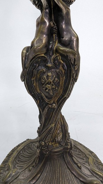 Pair Of Silver Bronze Candlesticks With Nineteenth Cherubs