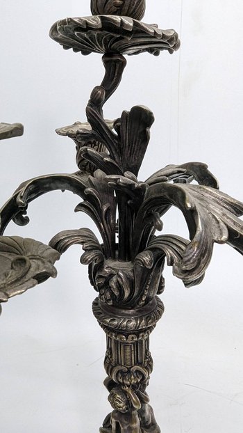 Pair Of Silver Bronze Candlesticks With Nineteenth Cherubs