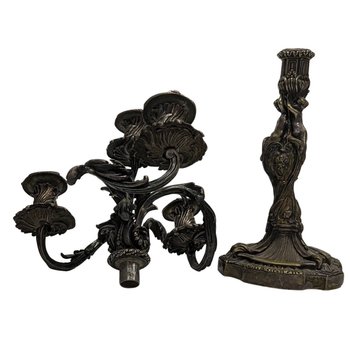 Pair Of Silver Bronze Candlesticks With Nineteenth Cherubs