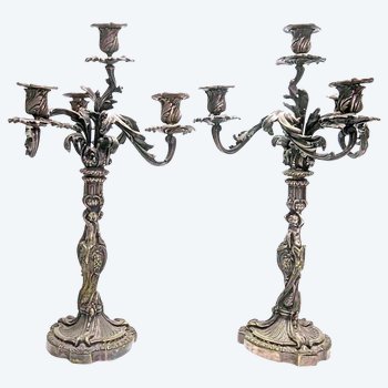 Pair Of Silver Bronze Candlesticks With Nineteenth Cherubs