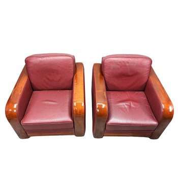 Poltrone Club in pelle Bordeaux Stile Art Déco (coppia)