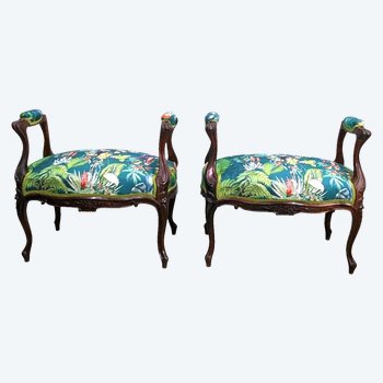 Pair Of Louis XV Style Benches Tapestry With Birds And Monkeys