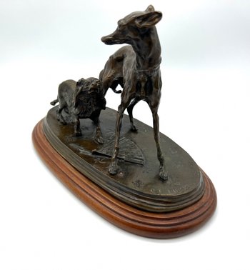 Tierbronzestatue Windhundhund und König Charles mit Fächer von Pierre-Jules Mène 19