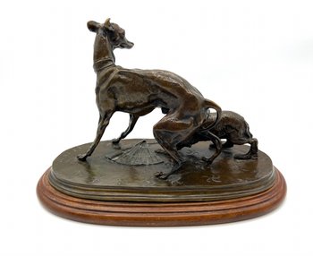 Tierbronzestatue Windhundhund und König Charles mit Fächer von Pierre-Jules Mène 19
