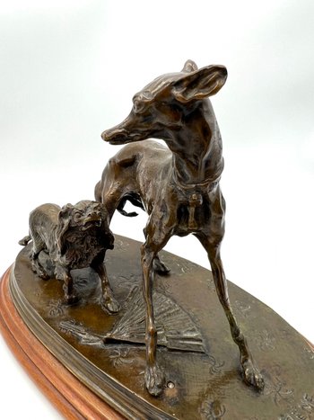 Tierbronzestatue Windhundhund und König Charles mit Fächer von Pierre-Jules Mène 19