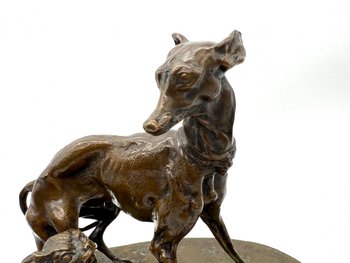 Tierbronzestatue Windhundhund und König Charles mit Fächer von Pierre-Jules Mène 19