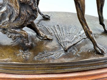 Tierbronzestatue Windhundhund und König Charles mit Fächer von Pierre-Jules Mène 19