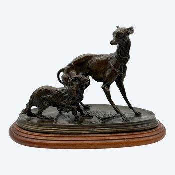 Statua in bronzo animale Cane levriero e re Carlo con ventaglio di Pierre-Jules Mène XIX