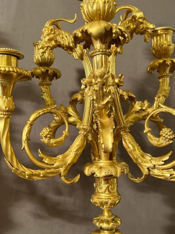 Pair of important candelabras in gilded bronze in the Louis XVI style from the 19th century Detailed after a model by Pierre Gauthier