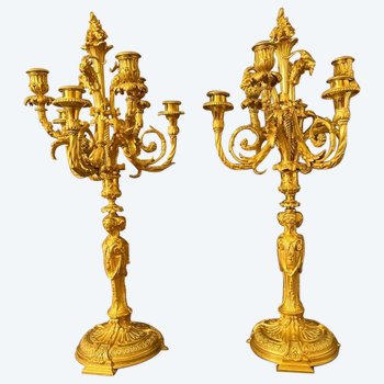 Pair of important candelabras in gilded bronze in the Louis XVI style from the 19th century Detailed after a model by Pierre Gauthier