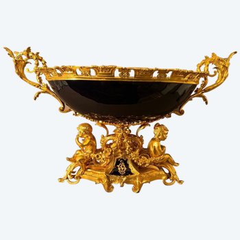 Centrotavola molto importante in bronzo dorato e blu di Sévres XIX Napoleone III in stile Luigi XV, rockery