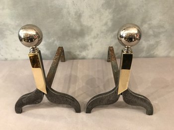 Pair Of Andirons 1970 In Iron, Bronze And Chromed Metal