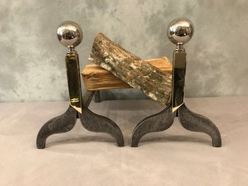 Pair Of Andirons 1970 In Iron, Bronze And Chromed Metal