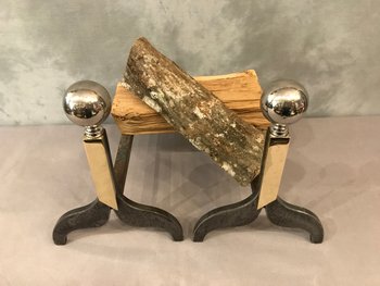 Pair Of Andirons 1970 In Iron, Bronze And Chromed Metal