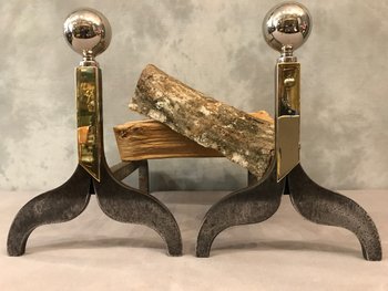 Pair Of Andirons 1970 In Iron, Bronze And Chromed Metal