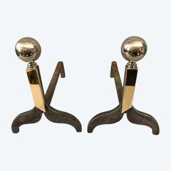 Pair Of Andirons 1970 In Iron, Bronze And Chromed Metal