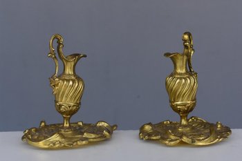 Pair Of Small Ewers In Decorative Gilt Bronze Late Nineteenth