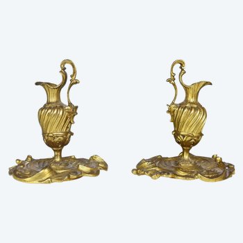 Pair Of Small Ewers In Decorative Gilt Bronze Late Nineteenth