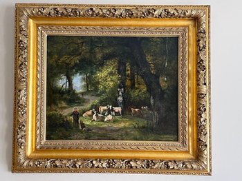 Tableau Huile sur Toile Peinture Vaches dans la Foret  XIXème.
