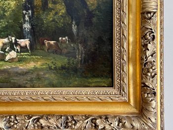 Tableau Huile sur Toile Peinture Vaches dans la Foret  XIXème.